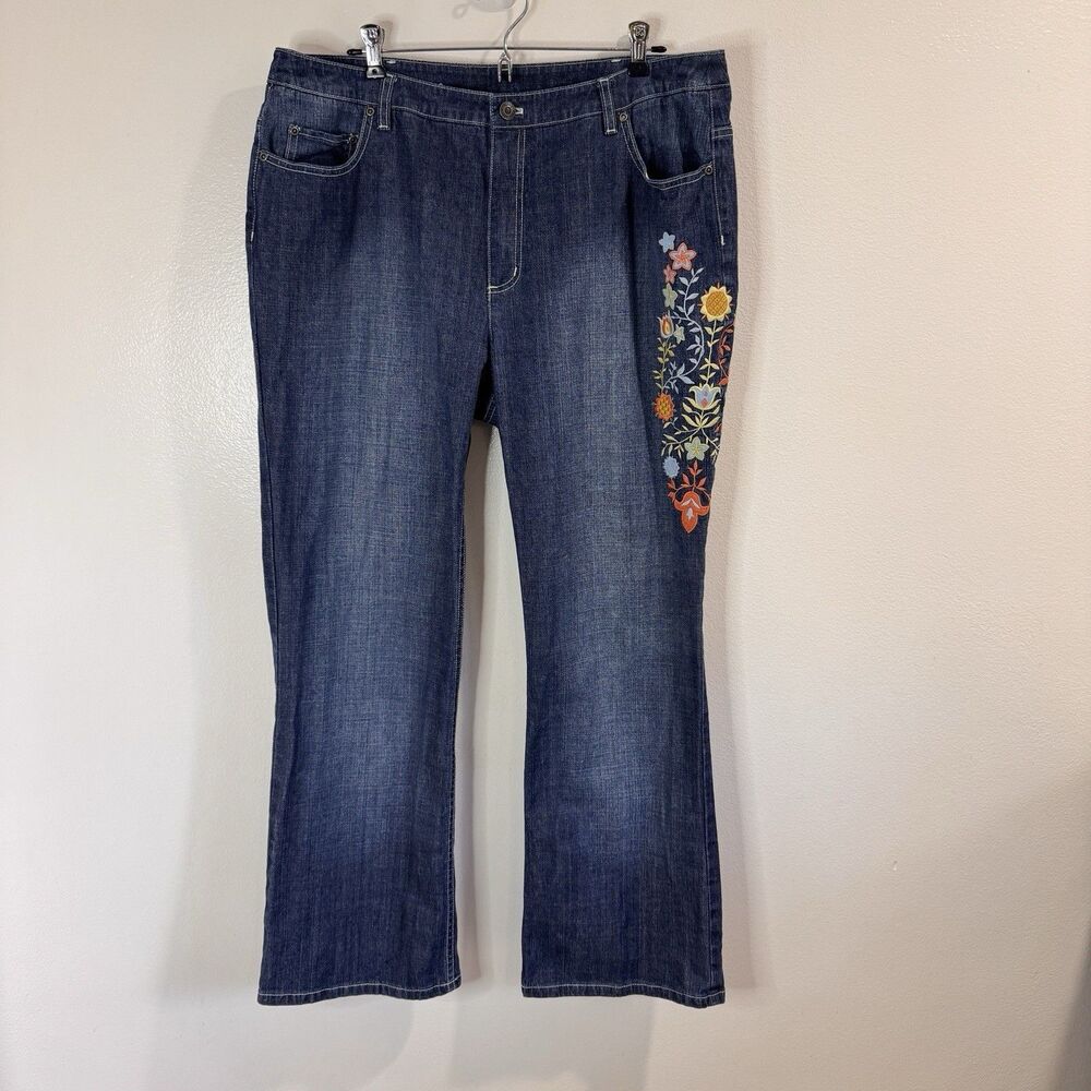 Talbots Jeans 16W Dark Wash Floral Embroidered Bootcut Stretch Denim Boho Hippie